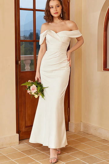 Hermosa | Mermaid Boho Off the Shoulder White Satin Wedding Dress with Backless - Price #price_variant_lowest# - White - PromDressClub