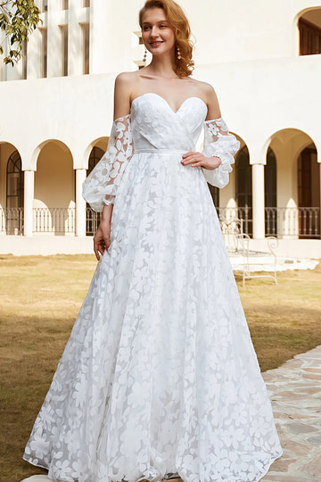 Hilary | A Line Sweetheart Backless White Organza Wedding Dress Train with Off the Shoulder - Price #price_variant_lowest# - White - PromDressClub