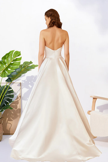 Hilda | A Line Strapless Sweetheart Neck Pleated White Satin Wedding Dress with Slit - Price #price_variant_lowest# - White - PromDressClub