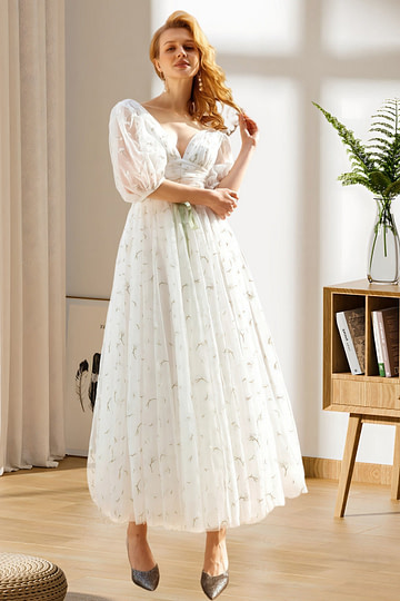 Hulda | Puff Sleeve V Neck Midi Floral Wedding Dress A Line - Price #price_variant_lowest# - Green Floral - PromDressClub
