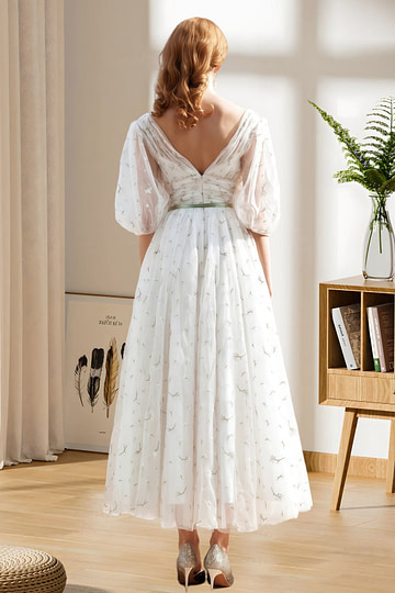 Hulda | Puff Sleeve V Neck Midi Floral Wedding Dress A Line - Price #price_variant_lowest# - Green Floral - PromDressClub