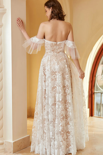 Ida | Beach A Line Off the Shoulder Lace White Wedding Dress with Backless - Price #price_variant_lowest# - White - PromDressClub