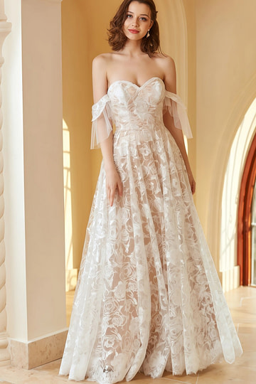 Ida | Beach A Line Off the Shoulder Lace White Wedding Dress with Backless - Price #price_variant_lowest# - White - PromDressClub