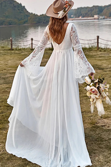 Ina | Boho Ivory Long Sleeve Wedding Dress with Slit - Price #price_variant_lowest# - Ivory - PromDressClub