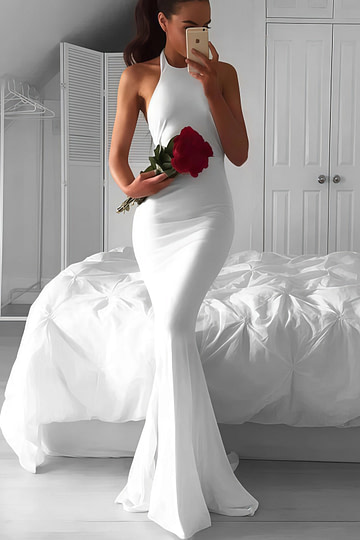 Irene | Dazzling Allure Mermaid Halter Neck Backless White Wedding Dress - White - PromDressClub