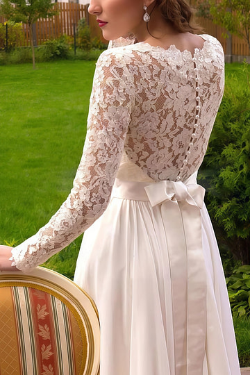 Iris | A Line Long Sleeve High Neck White Lace Wedding Dress Train - White - PromDressClub