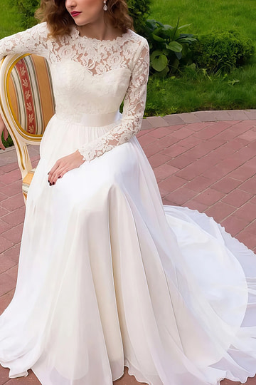 Iris | A Line Long Sleeve High Neck White Lace Wedding Dress Train - White - PromDressClub