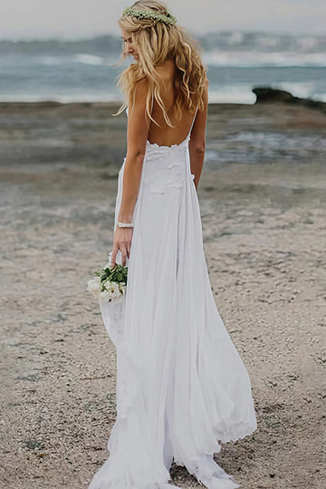 Irma | Elegant Spaghetti Straps Lace and Chiffon Beach Wedding Dress - White - PromDressClub