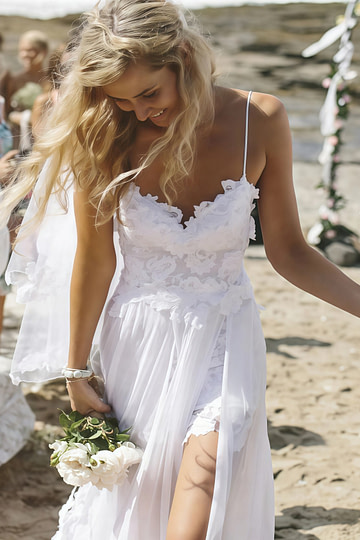 Irma | Elegant Spaghetti Straps Lace and Chiffon Beach Wedding Dress - White - PromDressClub