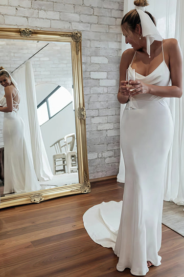Ivy | White Backless Spaghetti Strap Mermaid Wedding Dress - White - PromDressClub