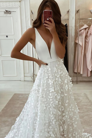 Jamie | Elegant V Neck Sleeveless White Wedding Dress with 3D Floral Appliques - White - PromDressClub