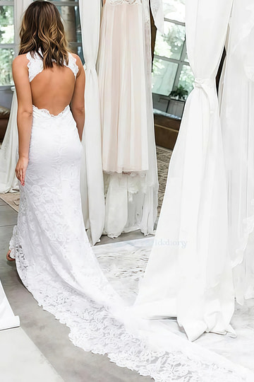 Jane | Mermaid Halter Neck Lace Backless High Low Hem Wedding Dress - White - PromDressClub