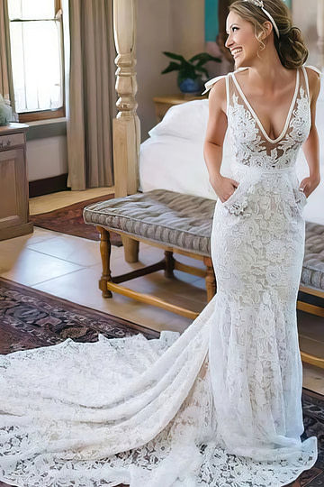 Janet | Exquisite Mermaid V Neck Backless Lace Wedding Dress with Long Train - White - PromDressClub