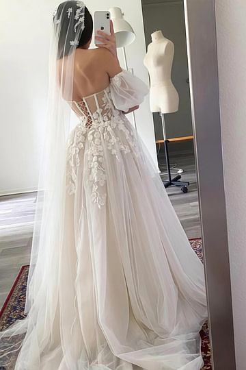 Jean | Enchanting Off the Shoulder Ball Gown Lace White Wedding Dress with Appliques Lace - White - PromDressClub