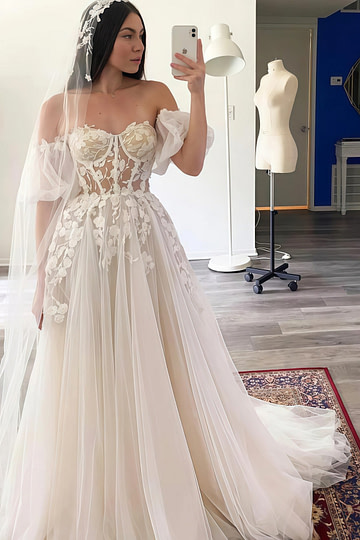 Jean | Enchanting Off the Shoulder Ball Gown Lace White Wedding Dress with Appliques Lace - White - PromDressClub