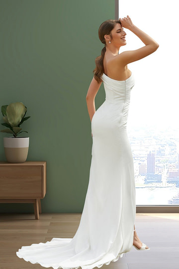 Jenny | Sheath/Column Satin Ruched One shoulder Ivory Wedding Dress Train with Slit - Ivory - PromDressClub