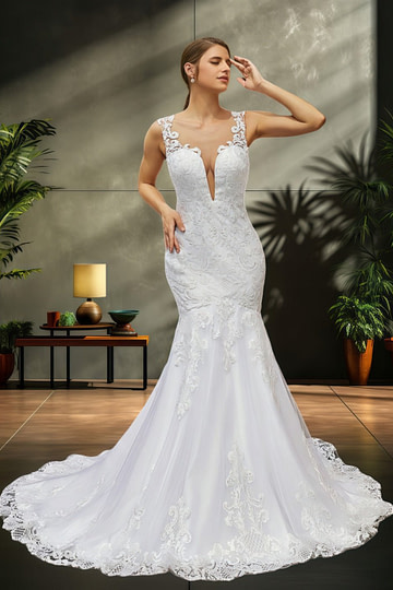 Jessica | Trumpet/Mermaid Tulle Lace Scoop White Wedding Dress Court Train - Romantic and Alluring Bridal Gown - White - PromDressClub