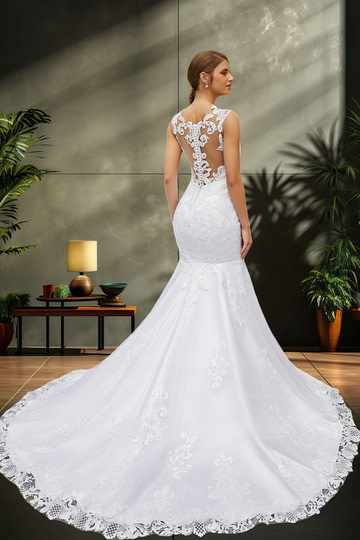 Jessica | Trumpet/Mermaid Tulle Lace Scoop White Wedding Dress Court Train - Romantic and Alluring Bridal Gown - White - PromDressClub