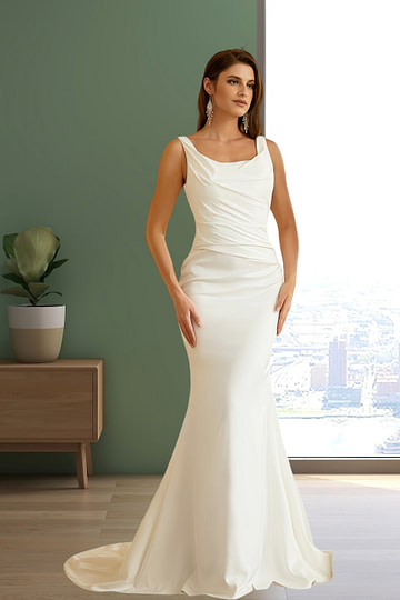 Jessie | Elegant Mermaid Wedding Dress with Square Neckline and Pleated Bodice - Perfect for Your Dream Wedding - Ivory - PromDressClub
