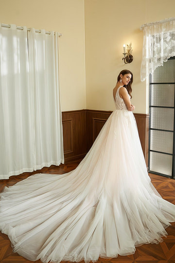 Jill | A Line/Princess V Neck Backless Wedding Dress with Applique Lace - Timeless Bridal Elegance - Ivory - PromDressClub