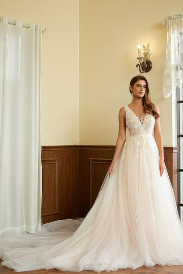 Jill | A Line/Princess V Neck Backless Wedding Dress with Applique Lace - Timeless Bridal Elegance - Ivory - PromDressClub