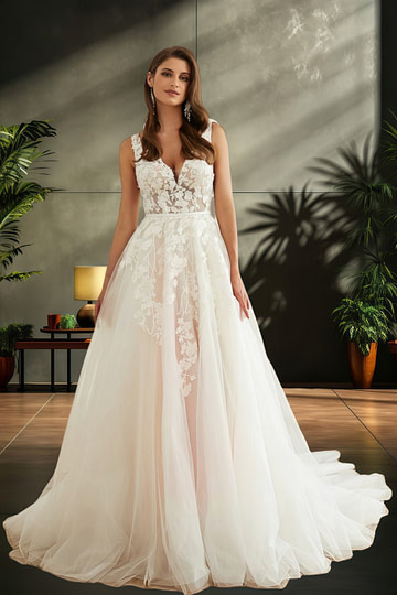 Jo | V Neck Princess Sleeveless Applique Lace Wedding Dress Train - A Blend of Allure and Elegance - White - PromDressClub