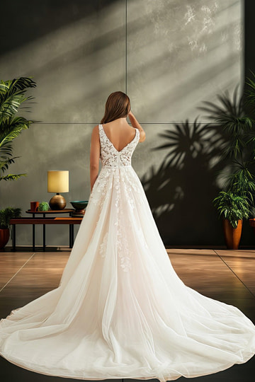 Jo | V Neck Princess Sleeveless Applique Lace Wedding Dress Train - A Blend of Allure and Elegance - White - PromDressClub