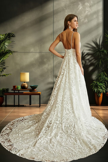 Joan | A Line Spaghetti Strap V Neck Backless Lace Wedding Dress with High Slit - Modern Elegance for Brides - Ivory - PromDressClub