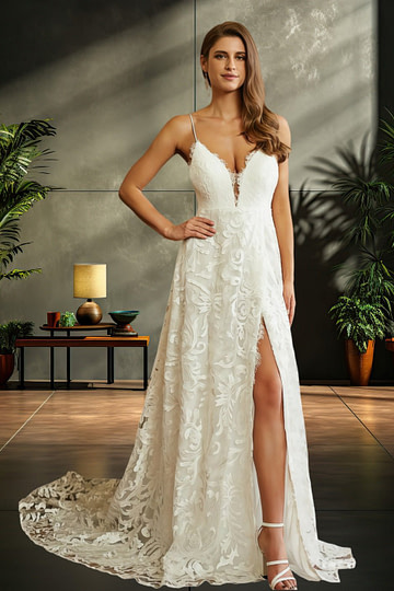 Joan | A Line Spaghetti Strap V Neck Backless Lace Wedding Dress with High Slit - Modern Elegance for Brides - Ivory - PromDressClub