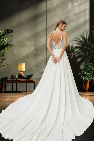Joanne | Elegant Princess Satin V Neck Spaghetti Strap Wedding Dress with Court Train for Outdoor Weddings - Ivory - PromDressClub