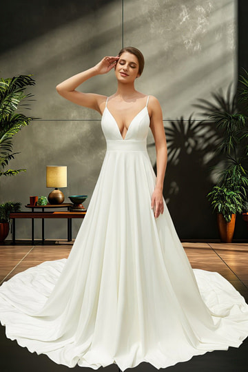 Joanne | Elegant Princess Satin V Neck Spaghetti Strap Wedding Dress with Court Train for Outdoor Weddings - Ivory - PromDressClub
