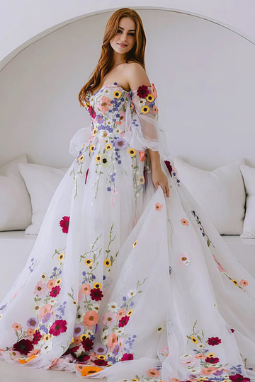 Josephine | Exquisite White Flower Strapless Long Sleeve Corset Wedding Dress - White Floral - PromDressClub