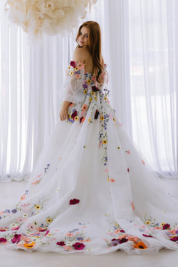 Josephine | Exquisite White Flower Strapless Long Sleeve Corset Wedding Dress - White Floral - PromDressClub