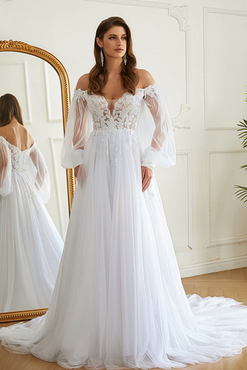 Josephine | Off the Shoulder Long Puff Sleeve Lace Tulle Wedding Dress with Court Train and Applique - White - PromDressClub