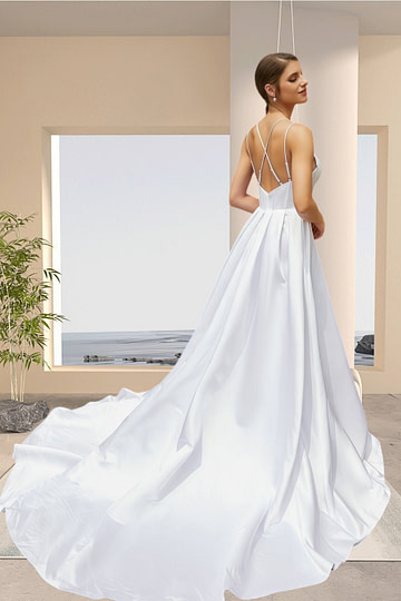 Joy | Ball - gown/Princess Satin Spaghetti Strap V Neck Wedding Dress with High Slit and Court Train - White - PromDressClub