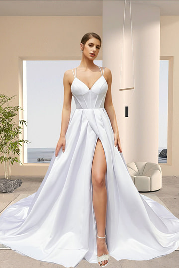 Joy | Ball - gown/Princess Satin Spaghetti Strap V Neck Wedding Dress with High Slit and Court Train - White - PromDressClub