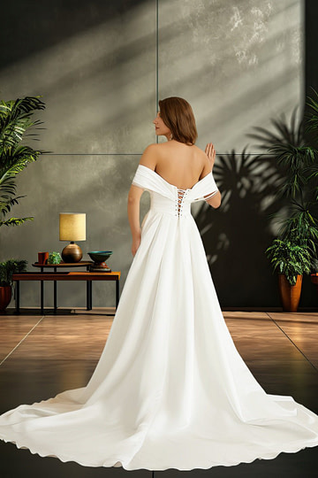 Joyce | A Line/Princess Off the Shoulder Sweetheart Neck Satin Ruched Wedding Dress with Slit - Ivory - PromDressClub