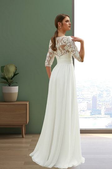 Judith | Elegant Boho V Neck Lace Half Sleeve Chiffon Wedding Dress with Floor Length - White - PromDressClub