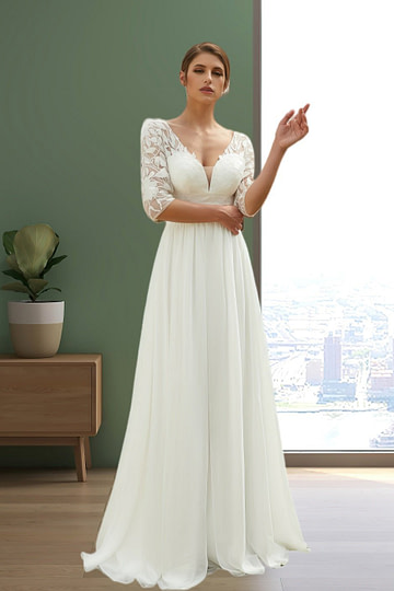 Judith | Elegant Boho V Neck Lace Half Sleeve Chiffon Wedding Dress with Floor Length - White - PromDressClub