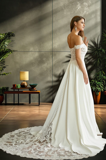 Judy | A Line Off the Shoulder Corset Lace and Satin Ivory Wedding Dress with Court Train - Ivory - PromDressClub