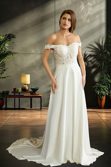 Judy | A Line Off the Shoulder Corset Lace and Satin Ivory Wedding Dress with Court Train - Ivory - PromDressClub