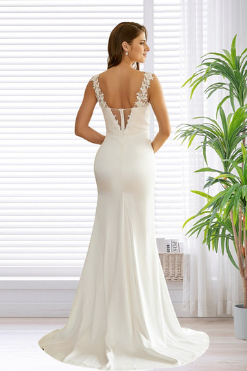 Julia | Elegant Mermaid V Neck Lace Satin Backless Ivory Wedding Dress with Slit - Ivory - PromDressClub