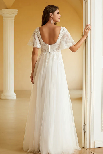 Julie | Elegant A Line V Neck Short Sleeve Lace and Tulle White Wedding Dress with Floor Length from PDC - White - PromDressClub