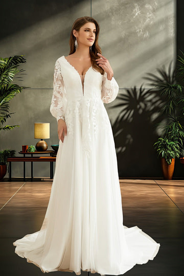 Kama | Elegant Sheath V Neck Lace Long Sleeve Ivory Chiffon Wedding Dress with Train from PDC - Ivory - PromDressClub