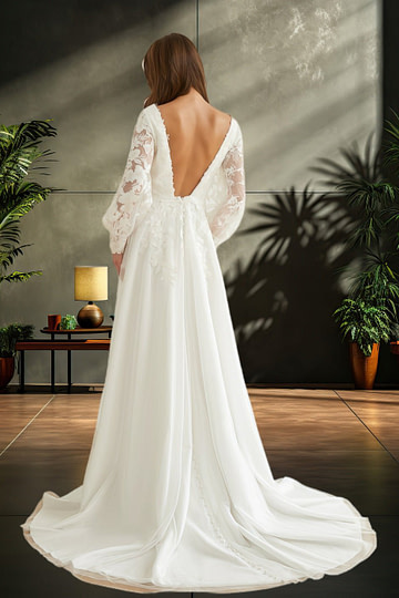 Kama | Elegant Sheath V Neck Lace Long Sleeve Ivory Chiffon Wedding Dress with Train from PDC - Ivory - PromDressClub