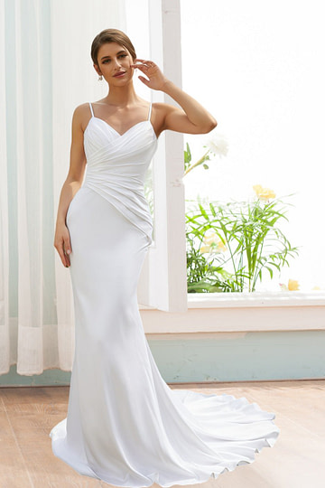Katherine | Elegant Sheath/Column White Satin Spaghetti Strap Backless Wedding Dress with Court Train - White - PromDressClub