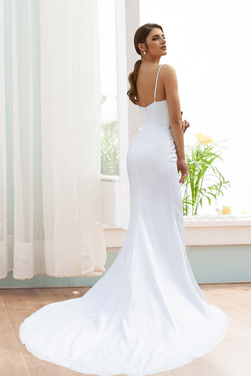 Katherine | Elegant Sheath/Column White Satin Spaghetti Strap Backless Wedding Dress with Court Train - White - PromDressClub