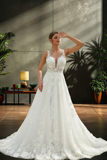 Kay | Elegant A Line/Princess Lace and Tulle Scoop Neck Wedding Dress with Chapel Train - White - PromDressClub