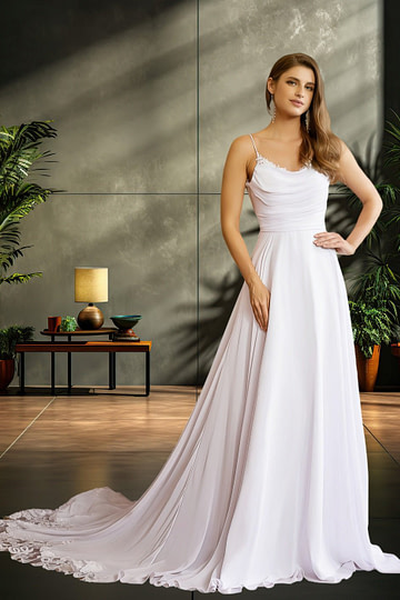 Kelly | A Line/Princess Sleeveless Spaghetti Strap Chiffon Wedding Dress with Lace Chapel Train - White - PromDressClub