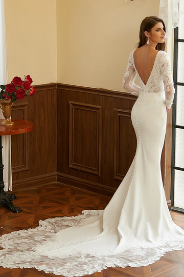 Kimberley | Long Sleeve Lace Mermaid V Neck Ivory Wedding Dress with Cathedral Train - Ivory - PromDressClub